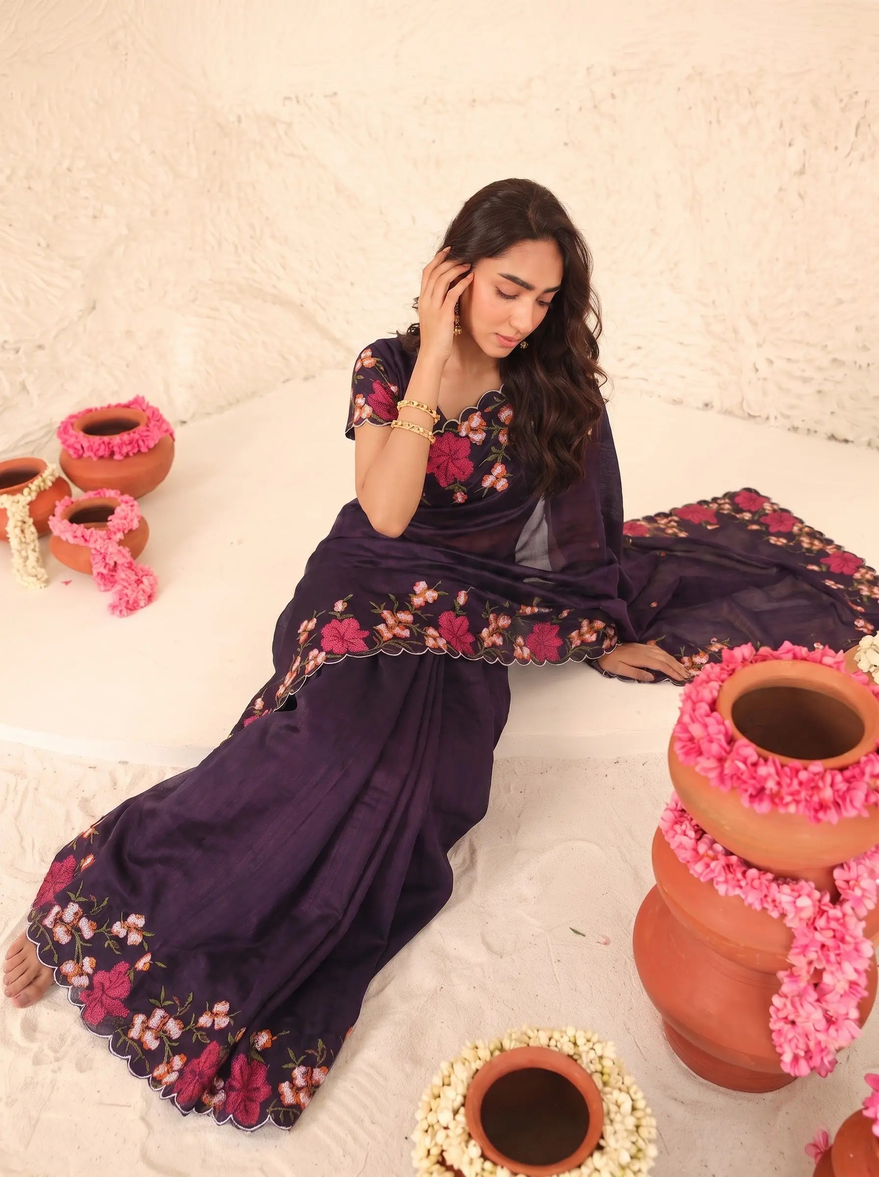 Purple Floral Embroidered Silk Saree - Pallu View - Kalyanja KS163